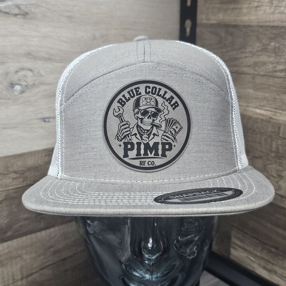 Blue Collar PIMP 5-Panel Trucker Hat Snapback Hat Cap Light Gray / White - Picture 1 of 6